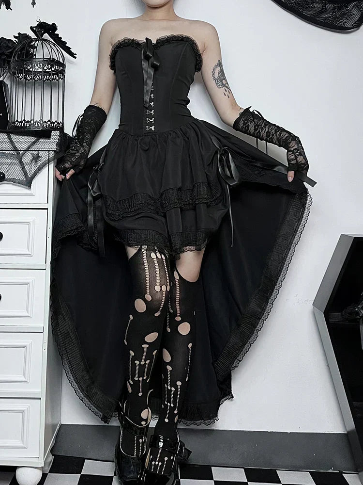 Corset Strapless Lace Trim High Low Ruffle Dress - View 5