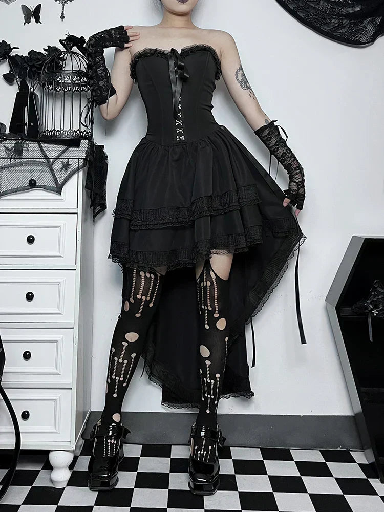 Strapless Corset Lace Trim High Low Ruffle Mini Dress - View 6