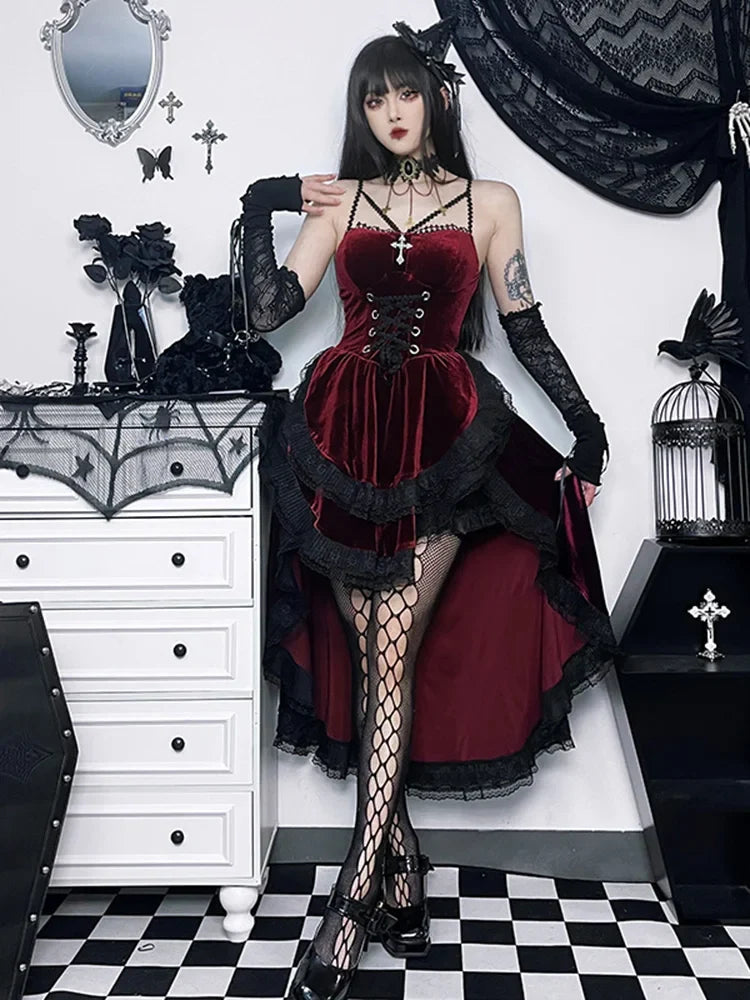 Velvet Sweetheart Spaghetti Strap Corset Ruffle High Low Dress - View 2