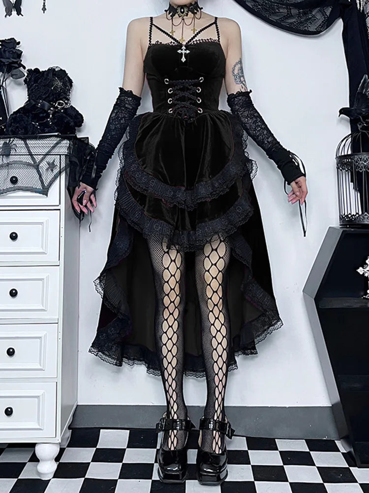 Velvet Sweetheart Spaghetti Strap Corset Ruffle High Low Dress - View 7