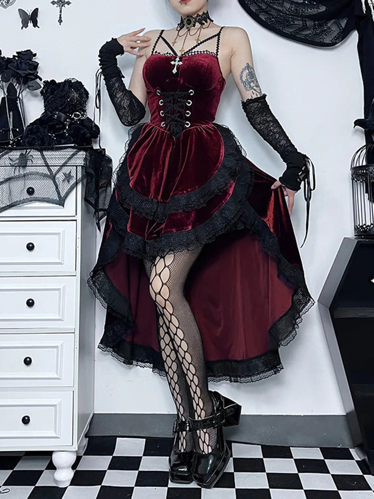 Velvet Sweetheart Spaghetti Strap Corset Ruffle High Low Dress - View 5
