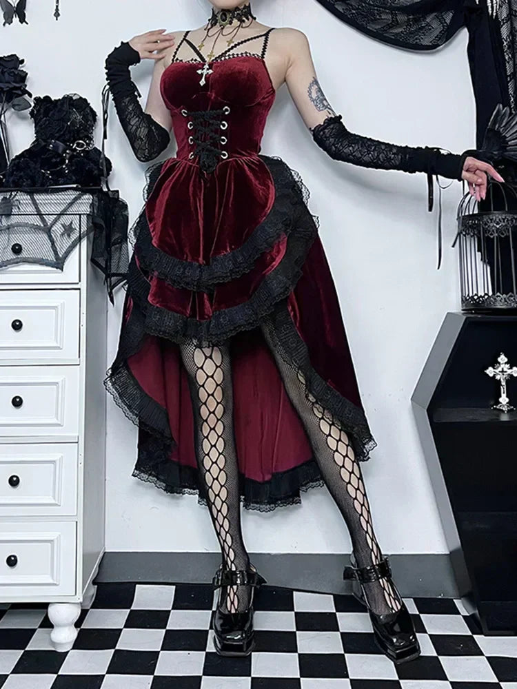 Velvet Sweetheart Spaghetti Strap Corset Ruffle High Low Dress - View 4