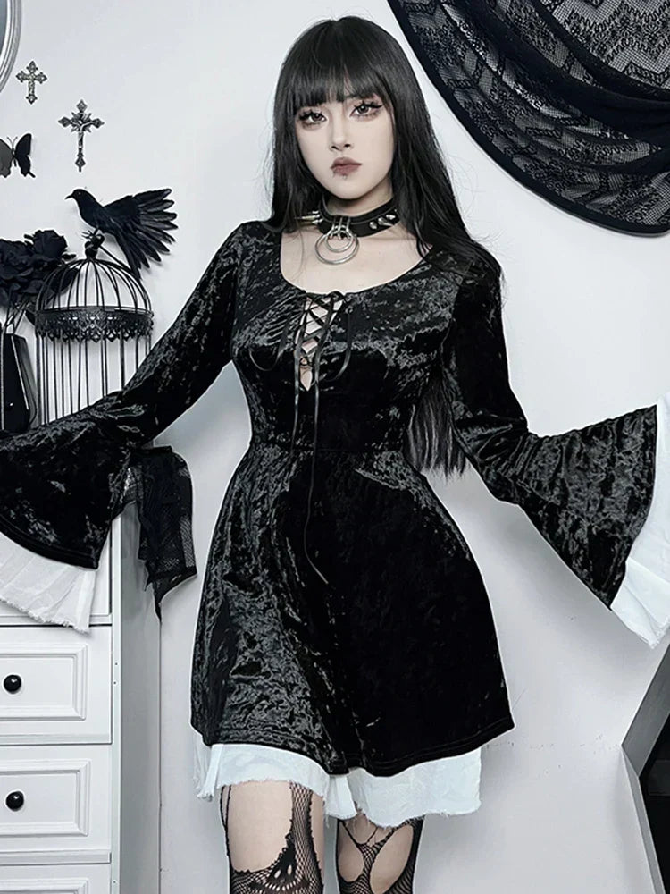Velvet Lace Up Deep Scoop Neck Bell Sleeve Ruffle Trim Mini Dress - View 2