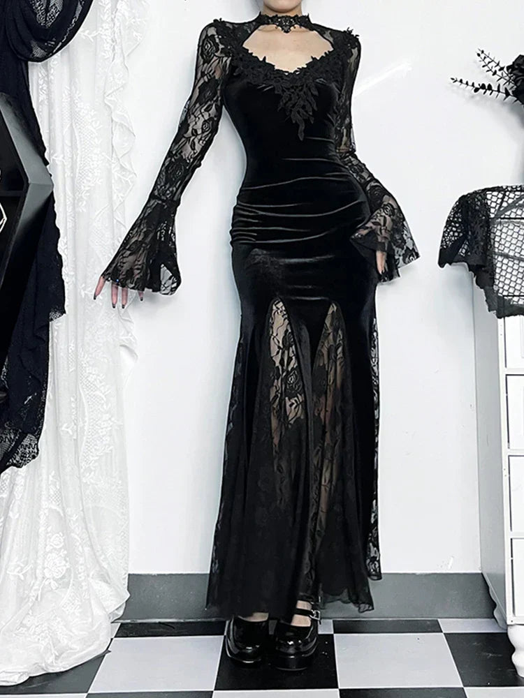 Velvet Deep V-Neck Bell Sleeve Lace Trim Mermaid Maxi Gown - View 4