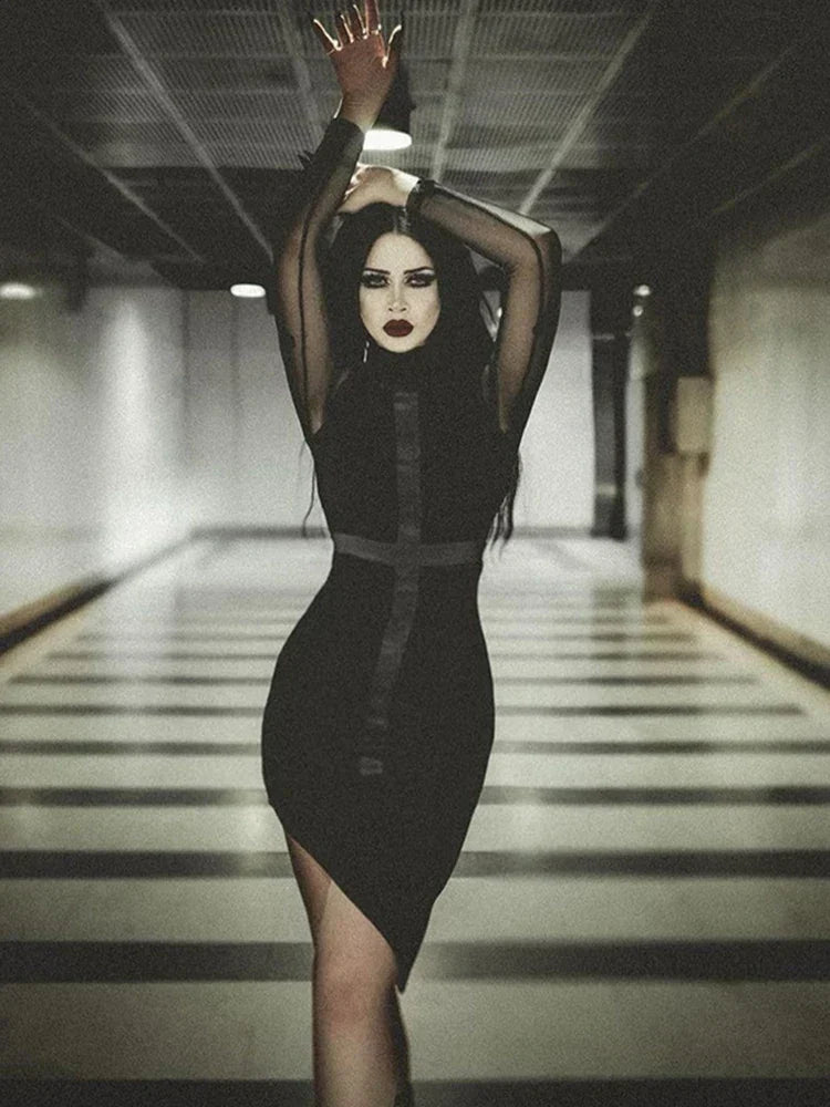 Mesh Long Sleeve High Neck Ruched Asymmetric Hem Bodycon Midi Dress - View 3