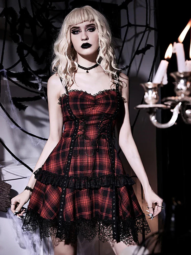 Plaid Corset Lace Up Tiered Ruffle Mini Dress - View 5