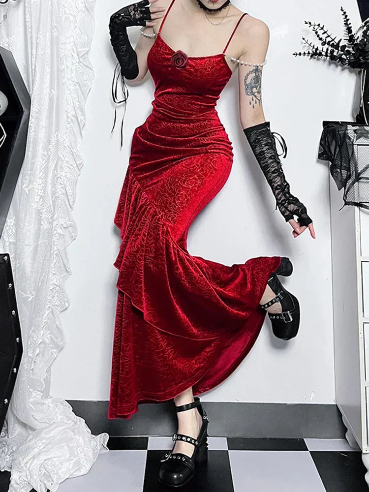 Velvet Spaghetti Strap Ruched Rosette Mermaid Maxi Dress - View 3
