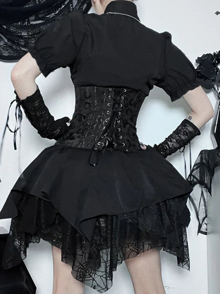 Brocade Corset Busk Puff Sleeve Spiderweb Lace Mini Dress - View 5
