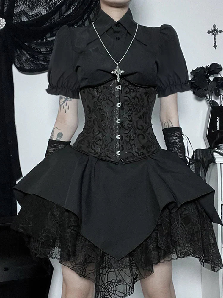 Brocade Corset Busk Puff Sleeve Spiderweb Lace Mini Dress - View 4