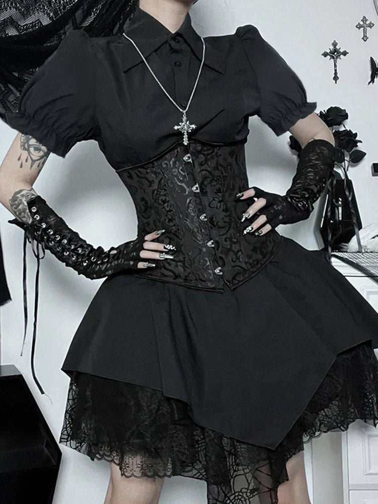 Brocade Corset Busk Puff Sleeve Spiderweb Lace Mini Dress - View 3