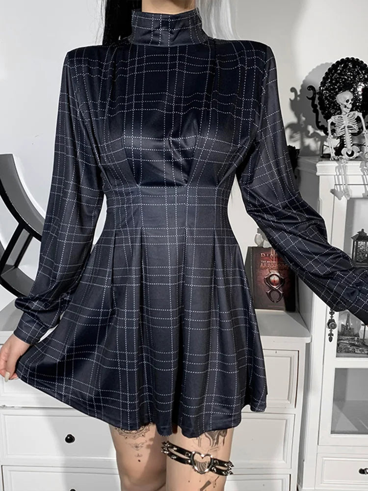 Plaid High Neck Long Sleeve Pleated Fit and Flare Mini Dress - View 2