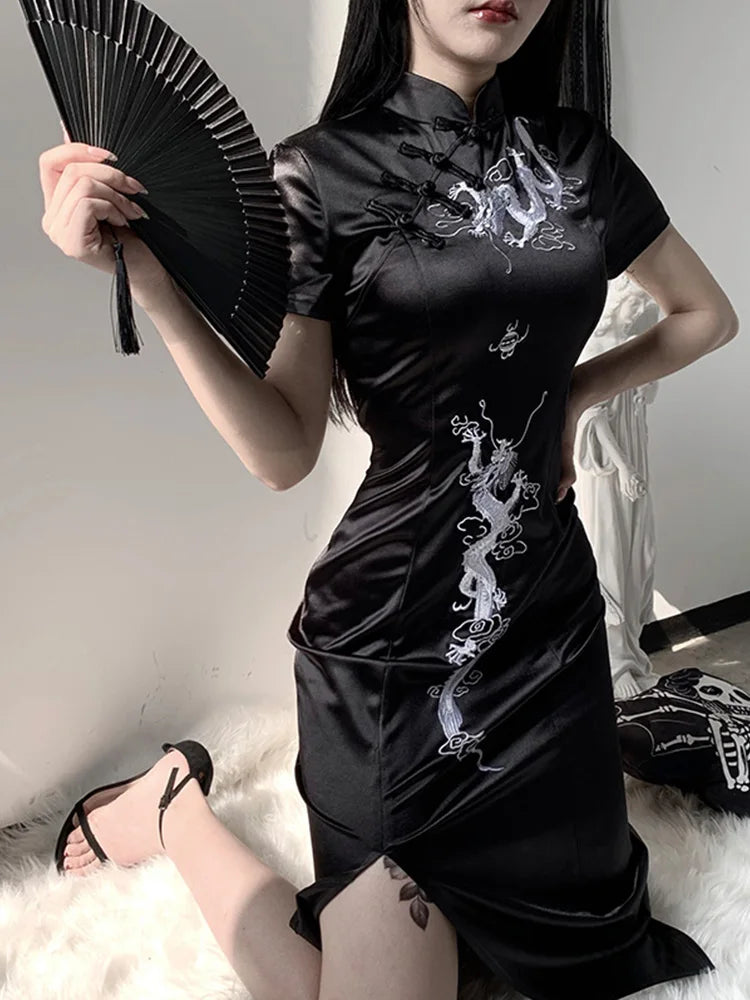 Dragon Embroidery Stand Collar Frog Button Short Sleeve Cheongsam Mini Dress - View 4