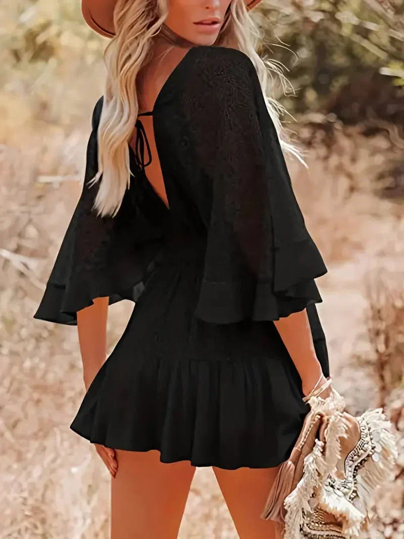 Lace V-Neck Flutter Sleeve Tiered Ruffle Boho Mini Dress - View 14