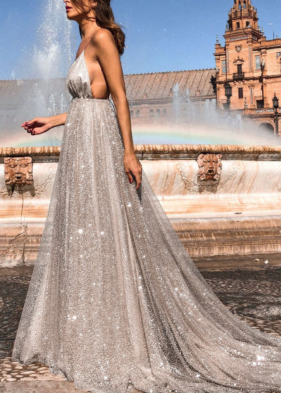 Italian Apricot V Neck Backless Sequins Spaghetti Strap Dress Summer - View 4