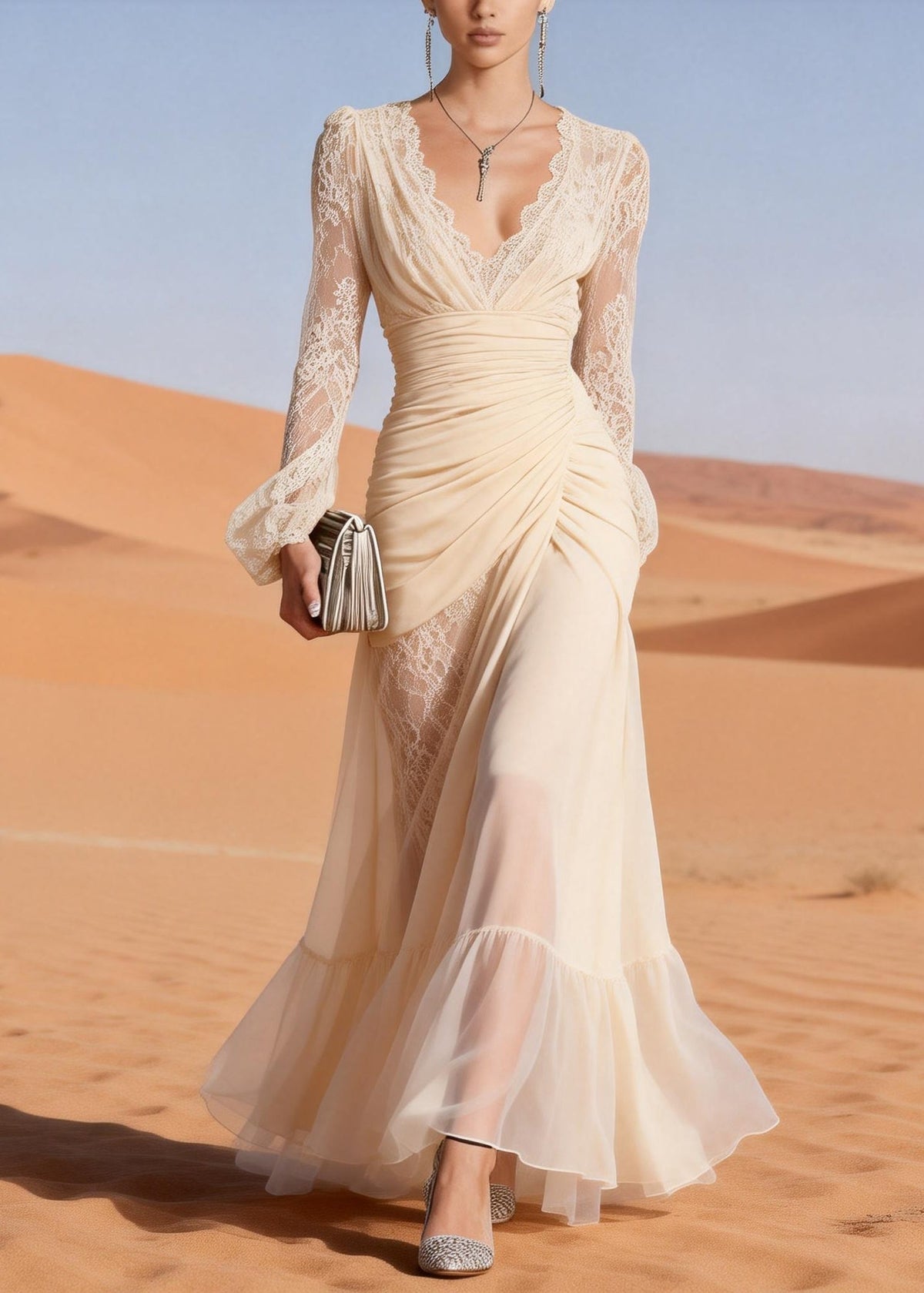 Lace Trim Deep V-Neck Ruched Wrap Long Sleeve Sheer Maxi Gown - View 5