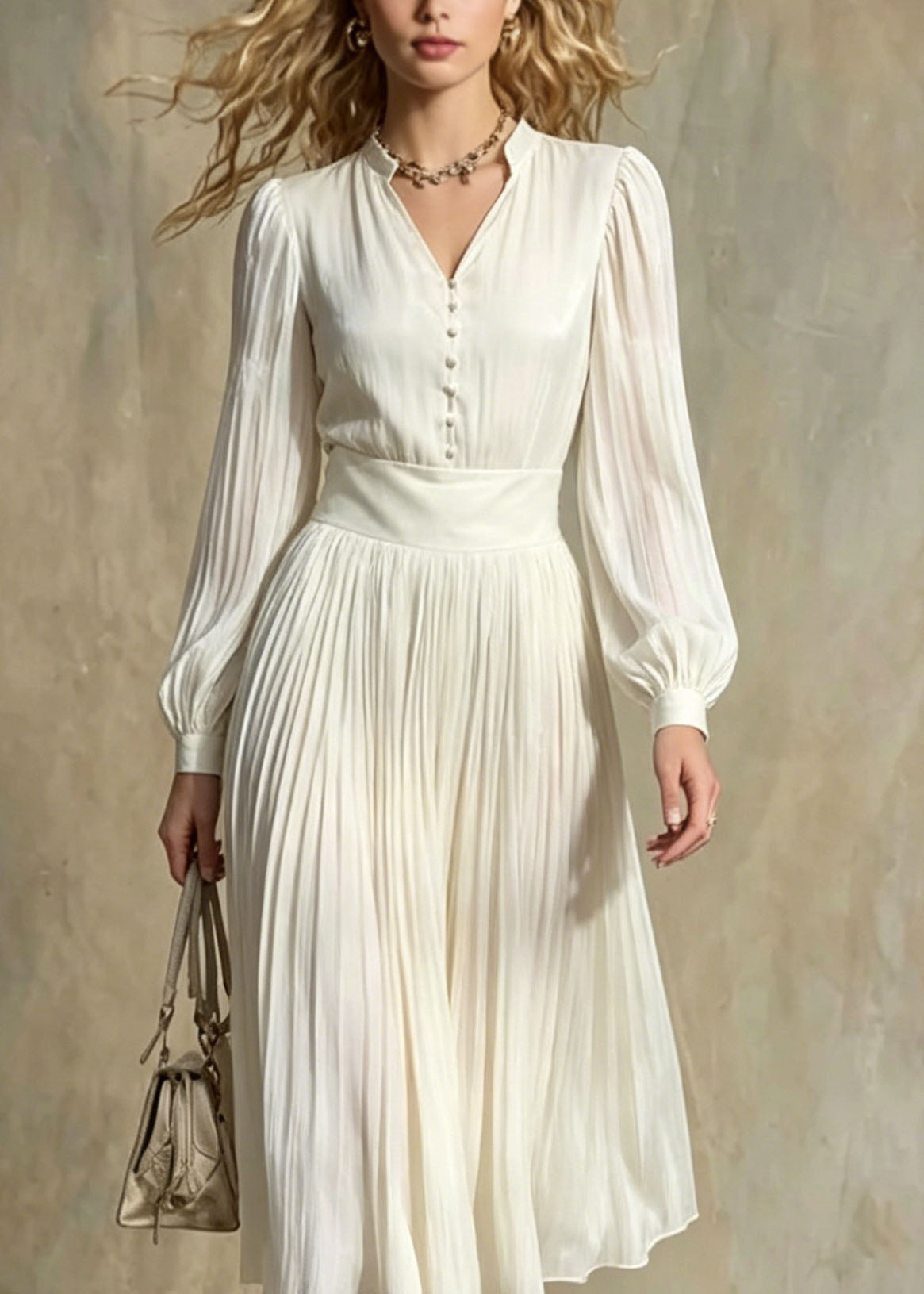 Pleated Chiffon V-Neck Mandarin Collar Button Front Midi Dress - View 2