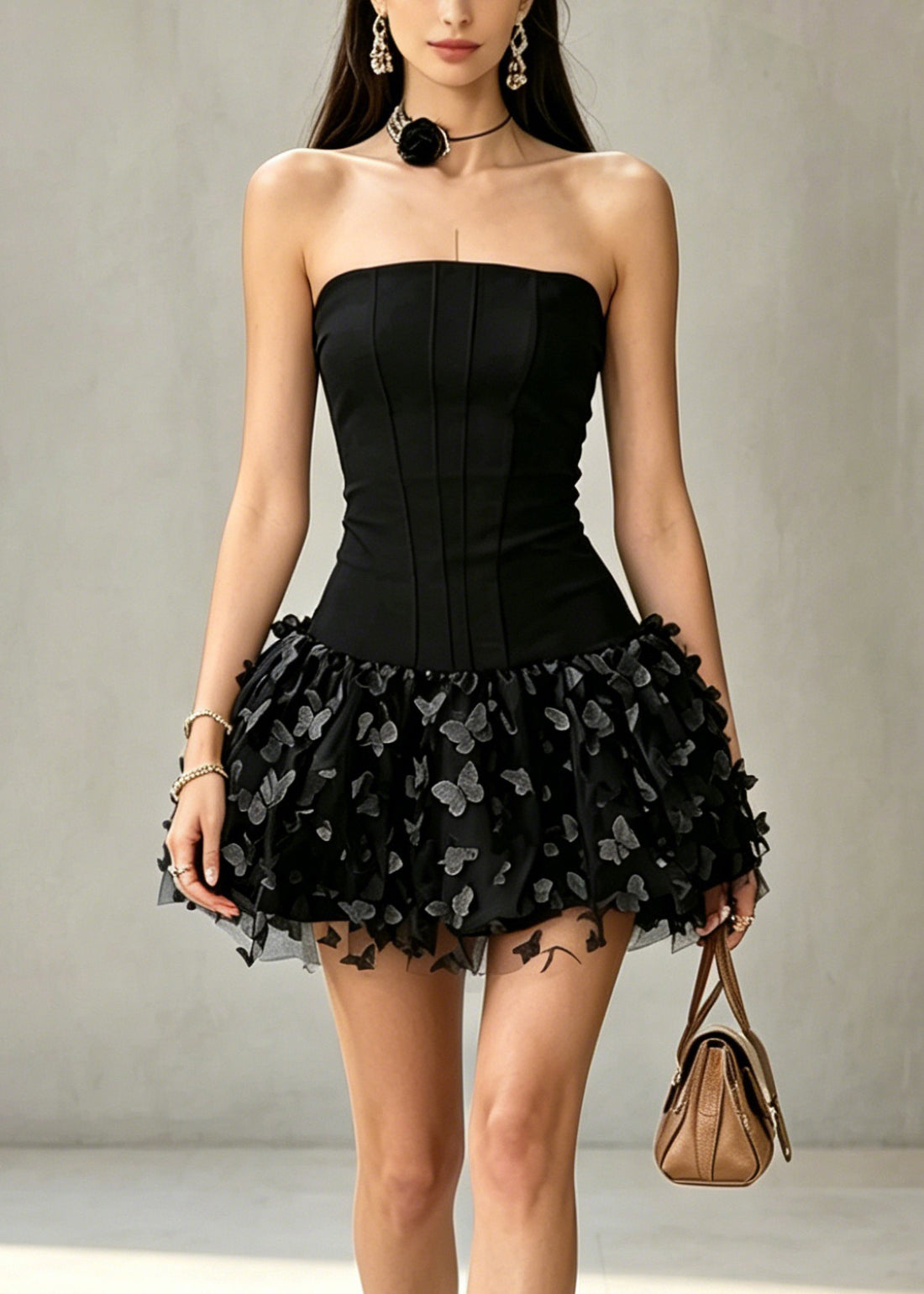 Strapless Corset Butterfly Applique Mesh Tiered Mini Dress - View 3