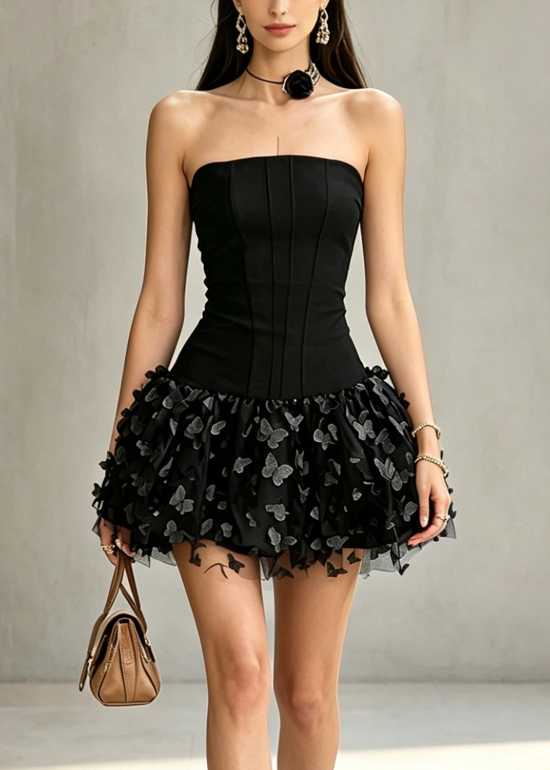 Strapless Corset Butterfly Applique Mesh Tiered Mini Dress - View 5