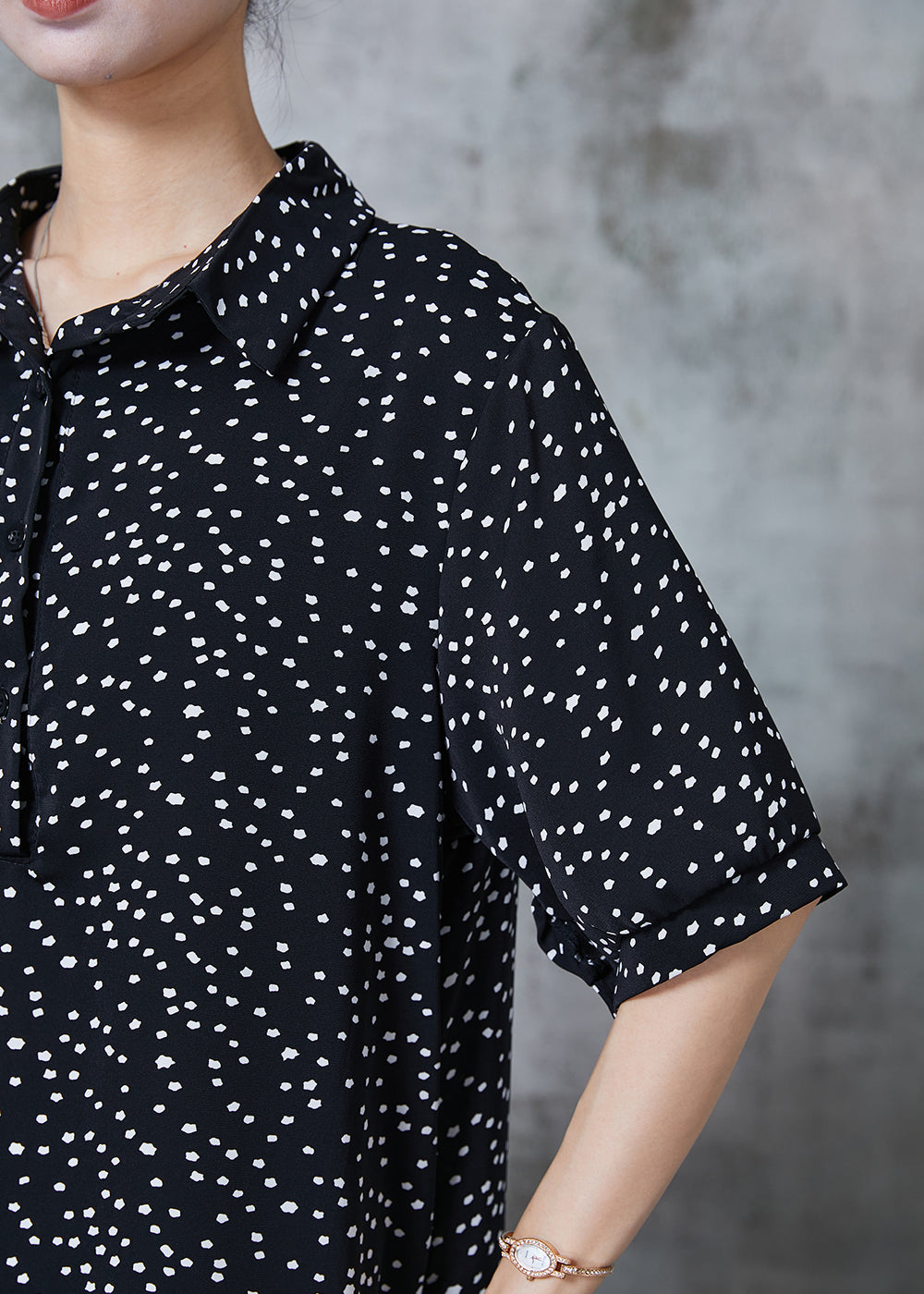 Polka Dot Print Shirt Collar Button Front Elbow Sleeve Midi Dress - View 5