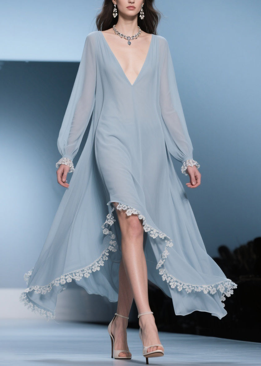 Chiffon Deep V-Neck Bishop Sleeve Lace Trim High Low Maxi Gown - View 3