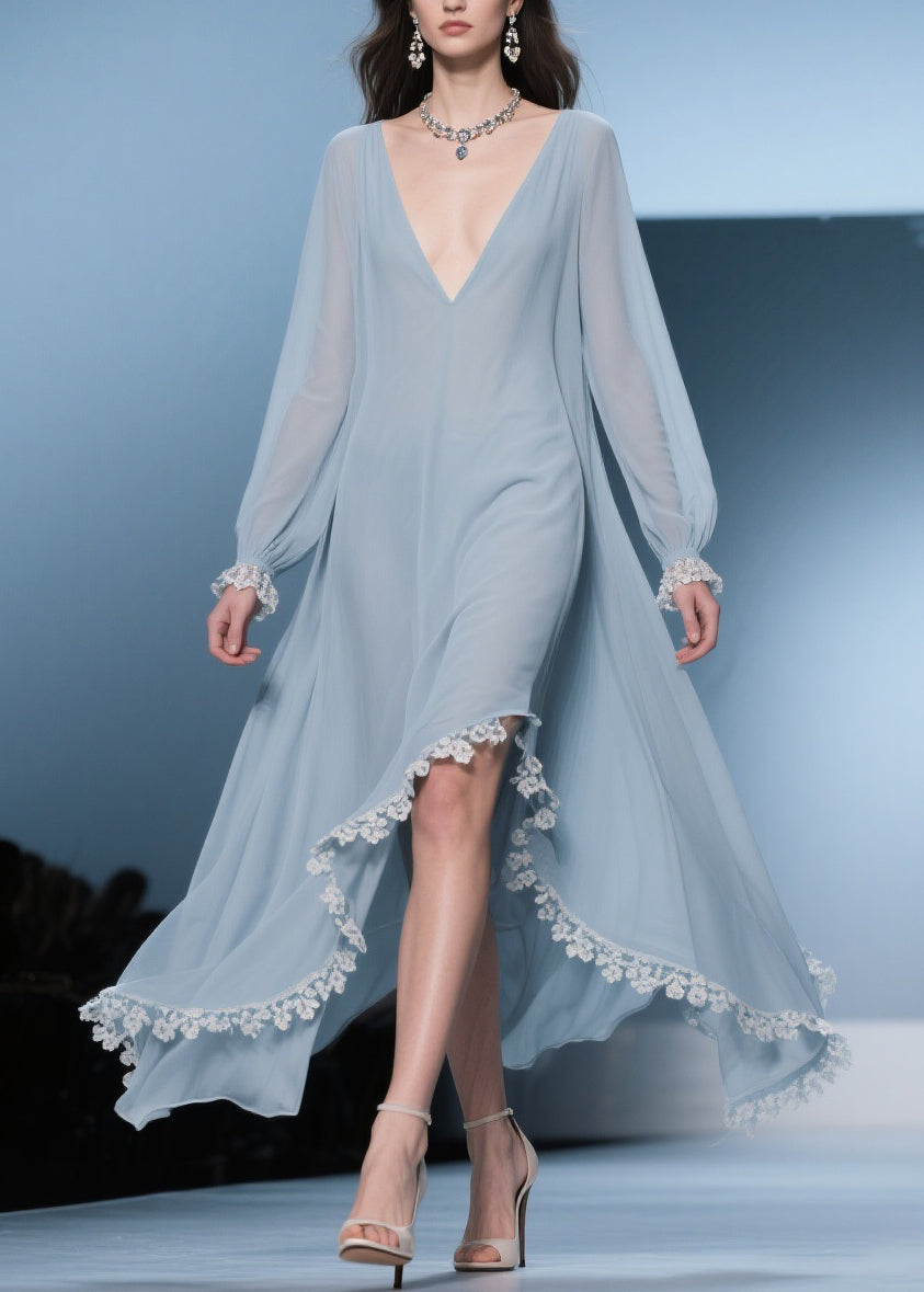 Chiffon Deep V-Neck Bishop Sleeve Lace Trim High Low Maxi Gown - View 5