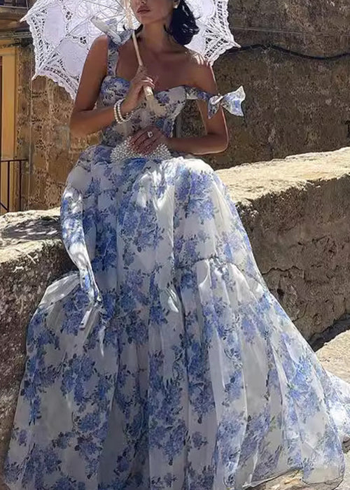 Chiffon Off Shoulder Tie Strap Corset Bodice Tiered Maxi Dress - View 2