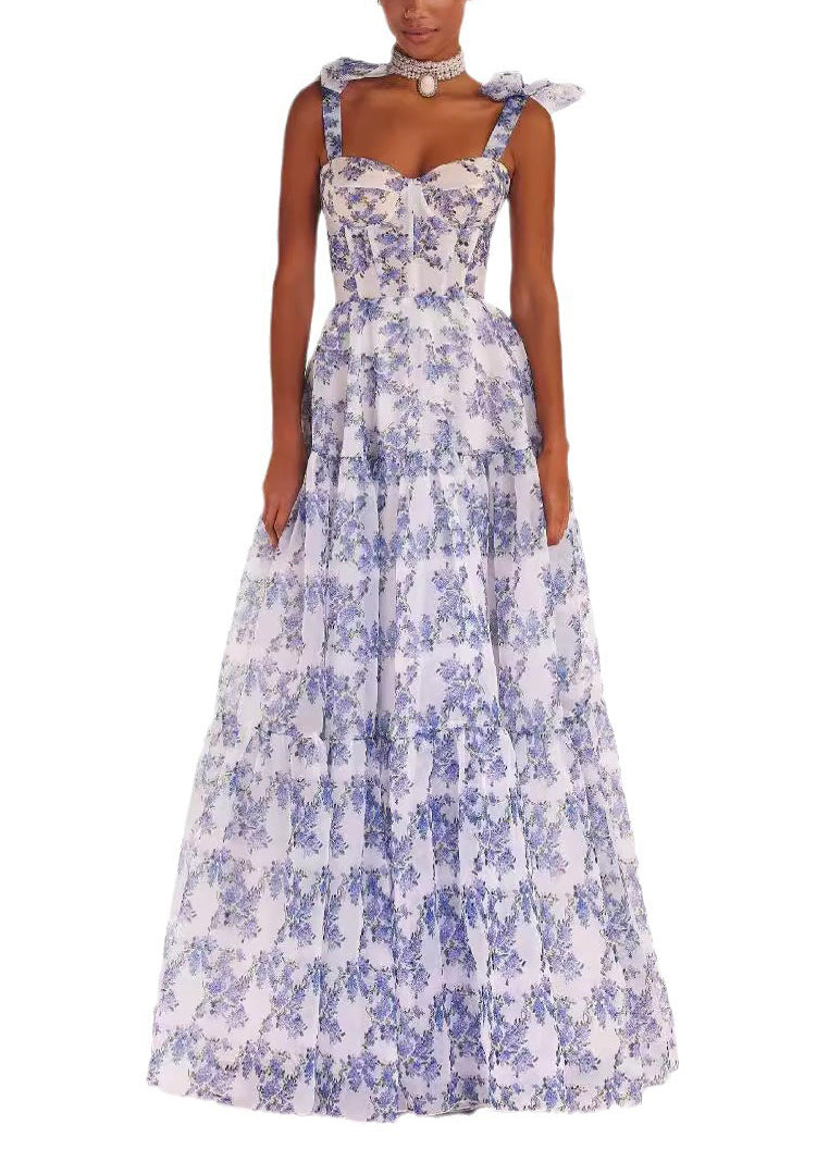 Chiffon Off Shoulder Tie Strap Corset Bodice Tiered Maxi Dress - View 5
