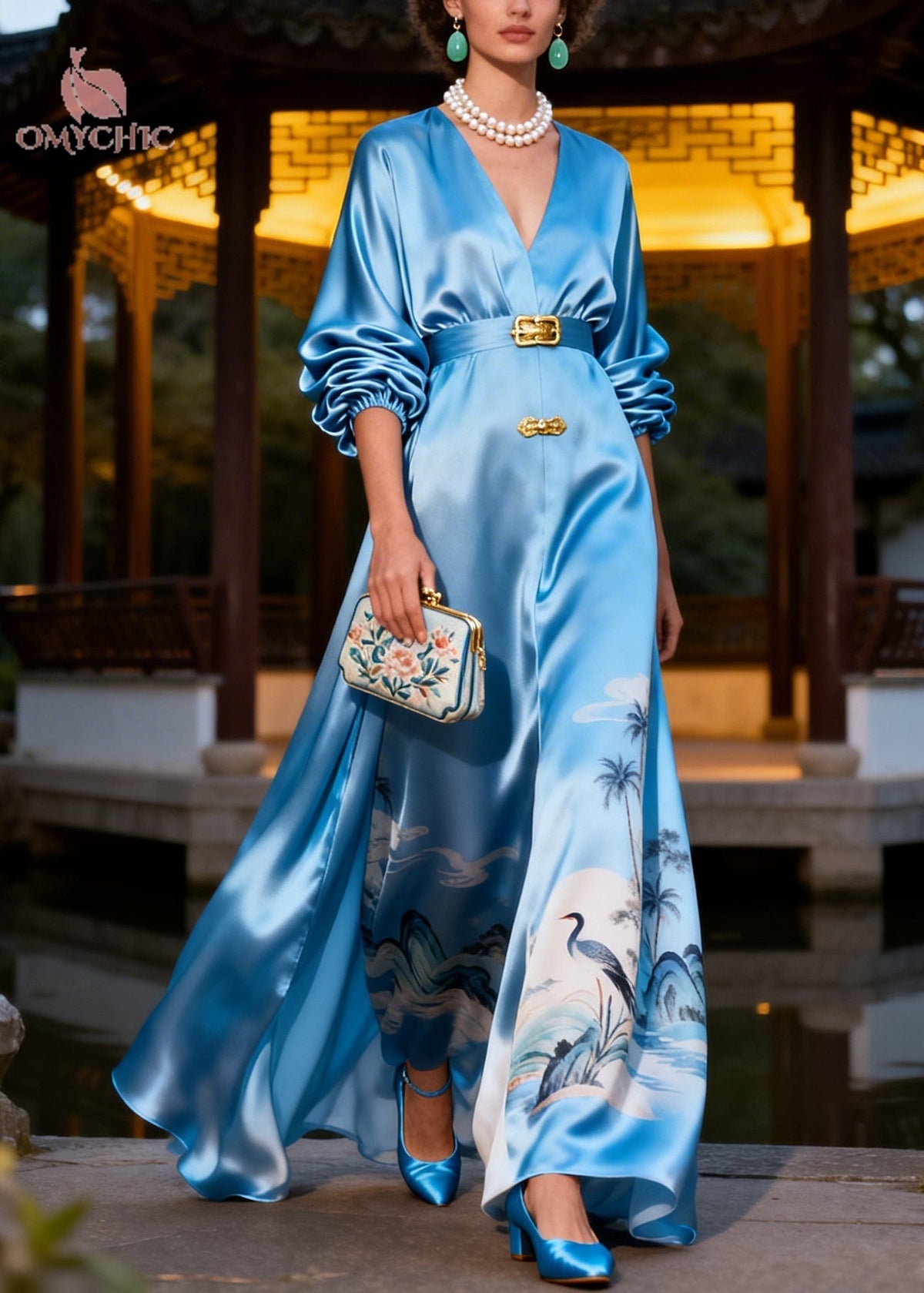 Satin Crane Landscape Print V-Neck Balloon Sleeve Maxi Dress - View 5