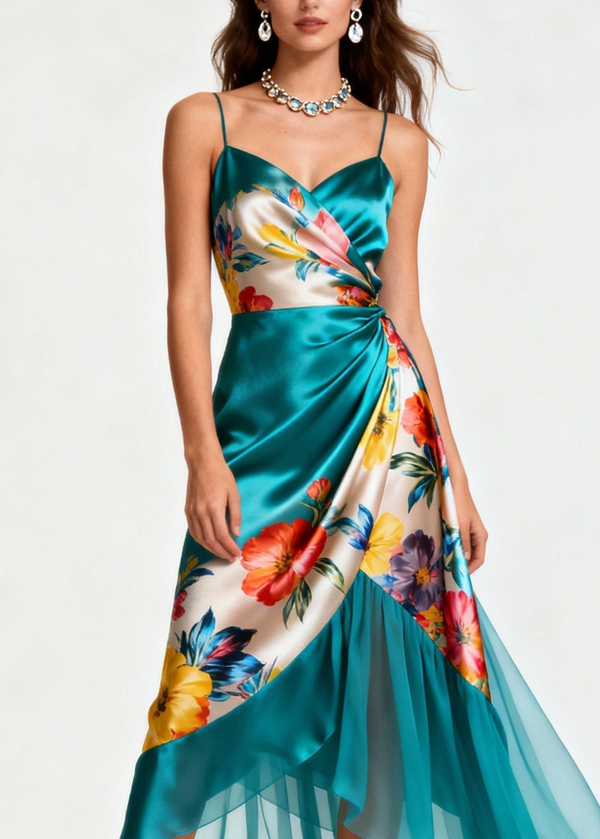 Floral Print Spaghetti Strap Wrap Satin Tiered High Low Midi Dress - View 2