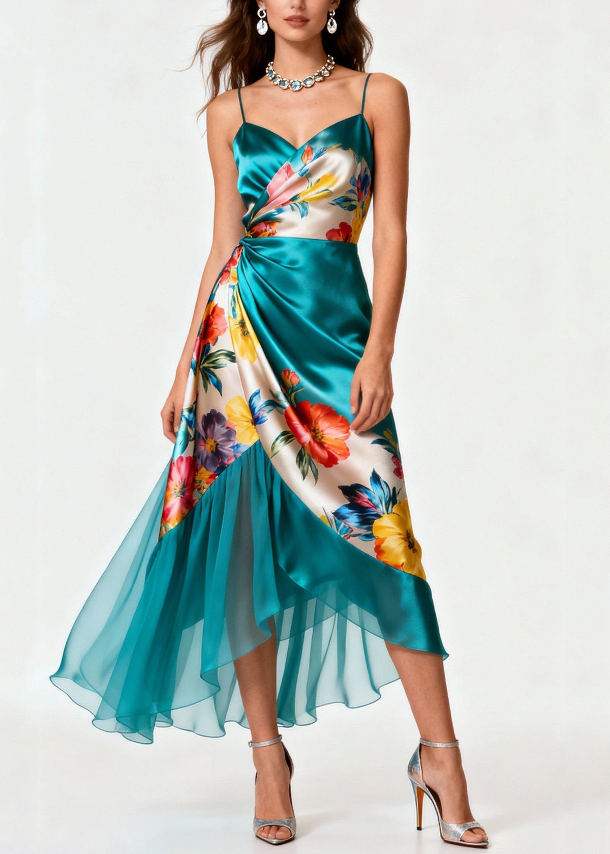 Floral Print Spaghetti Strap Wrap Satin Tiered High Low Midi Dress - View 3