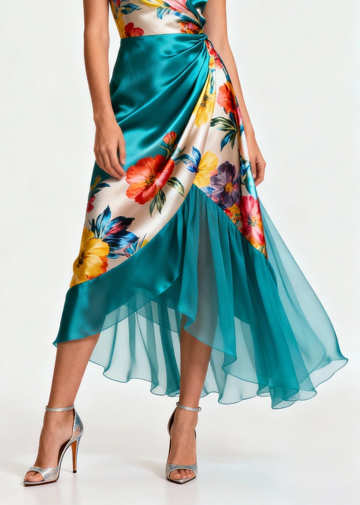 Floral Print Spaghetti Strap Wrap Satin Tiered High Low Midi Dress - View 4