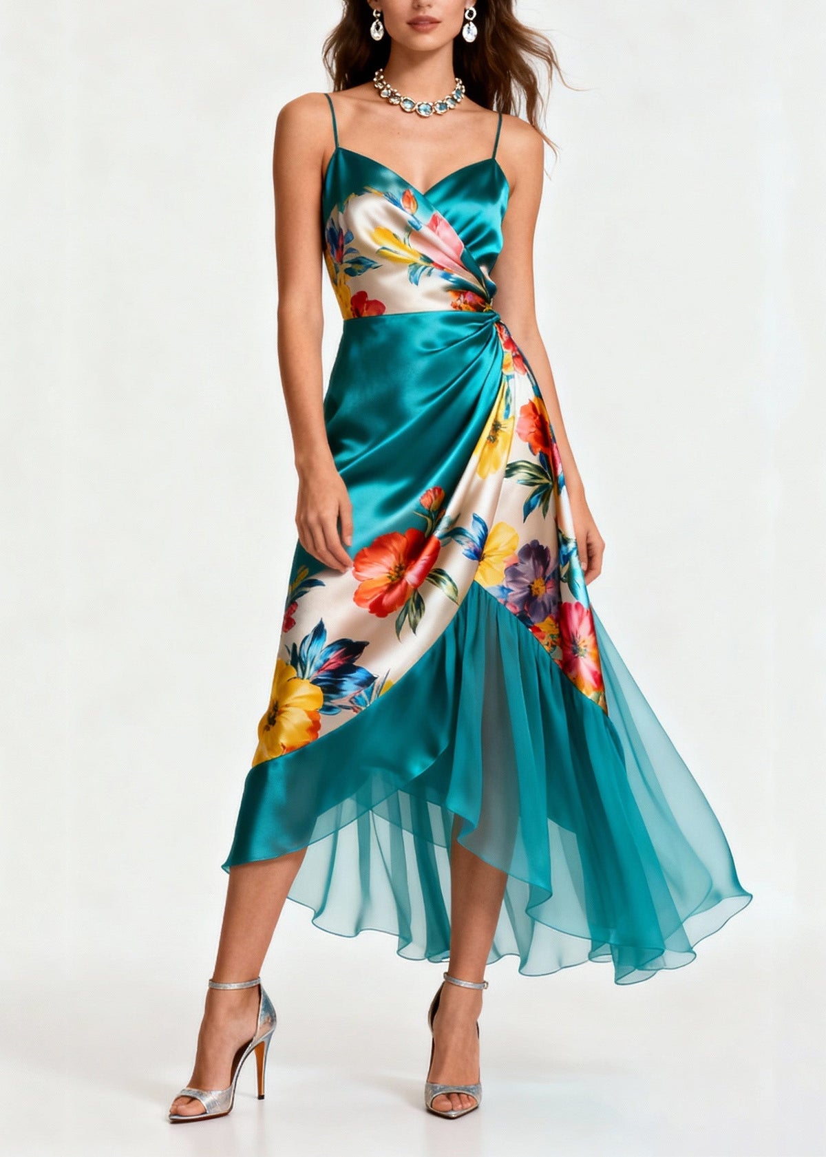 Floral Print Spaghetti Strap Wrap Satin Tiered High Low Midi Dress - View 5