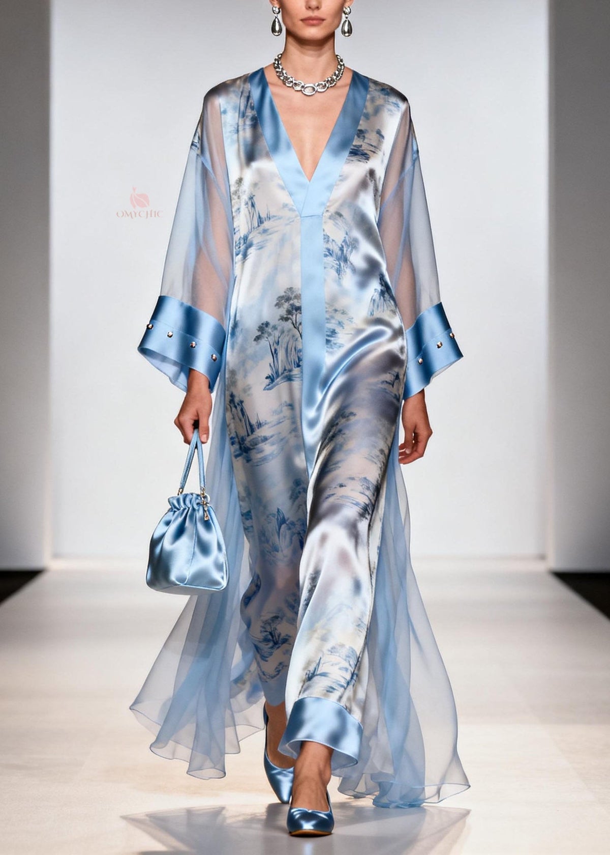 Satin Landscape Print V-Neck Maxi Sheer Studded Cuff Open Set