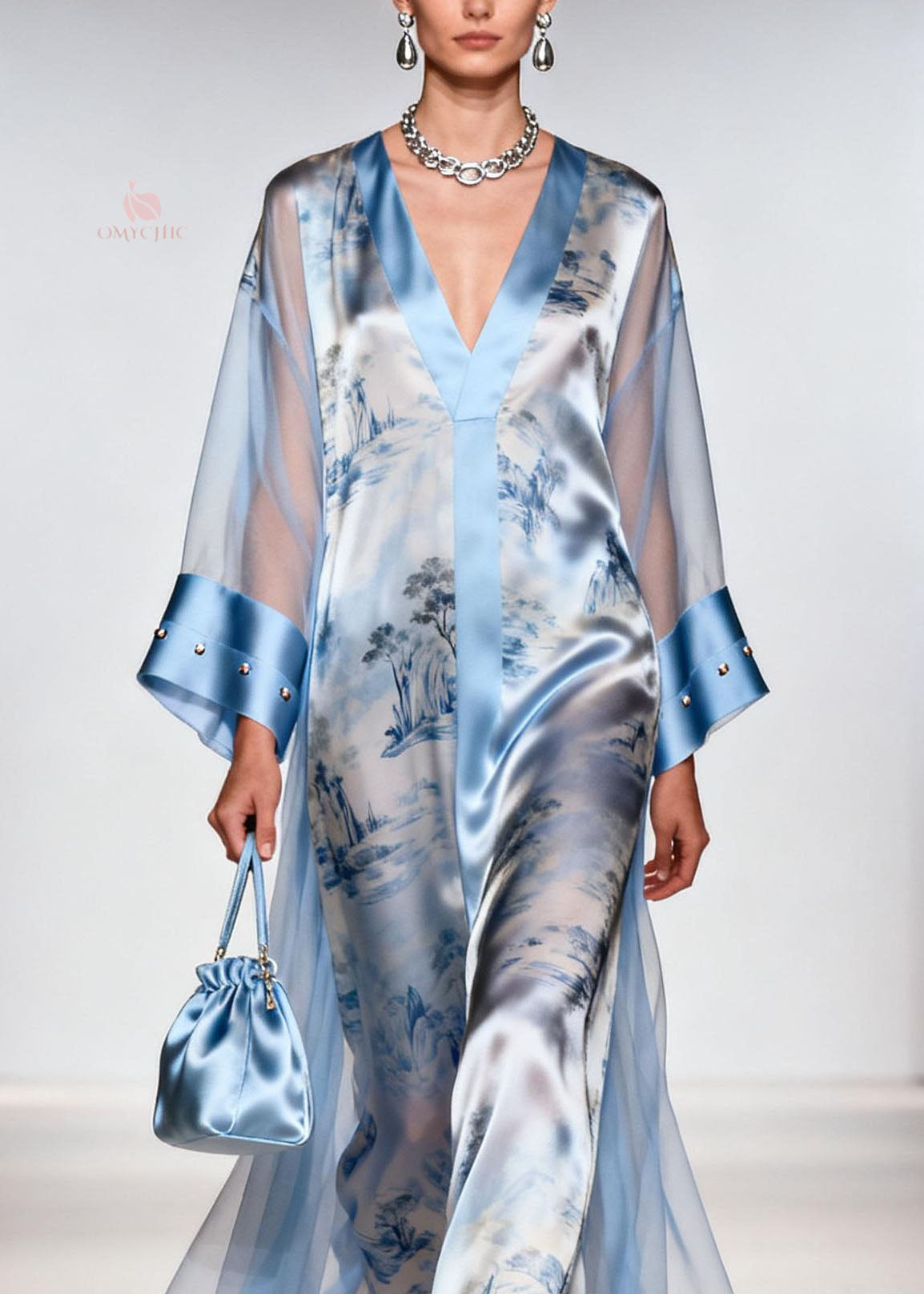 Satin Landscape Print V-Neck Maxi Sheer Studded Cuff Open Set - View 2