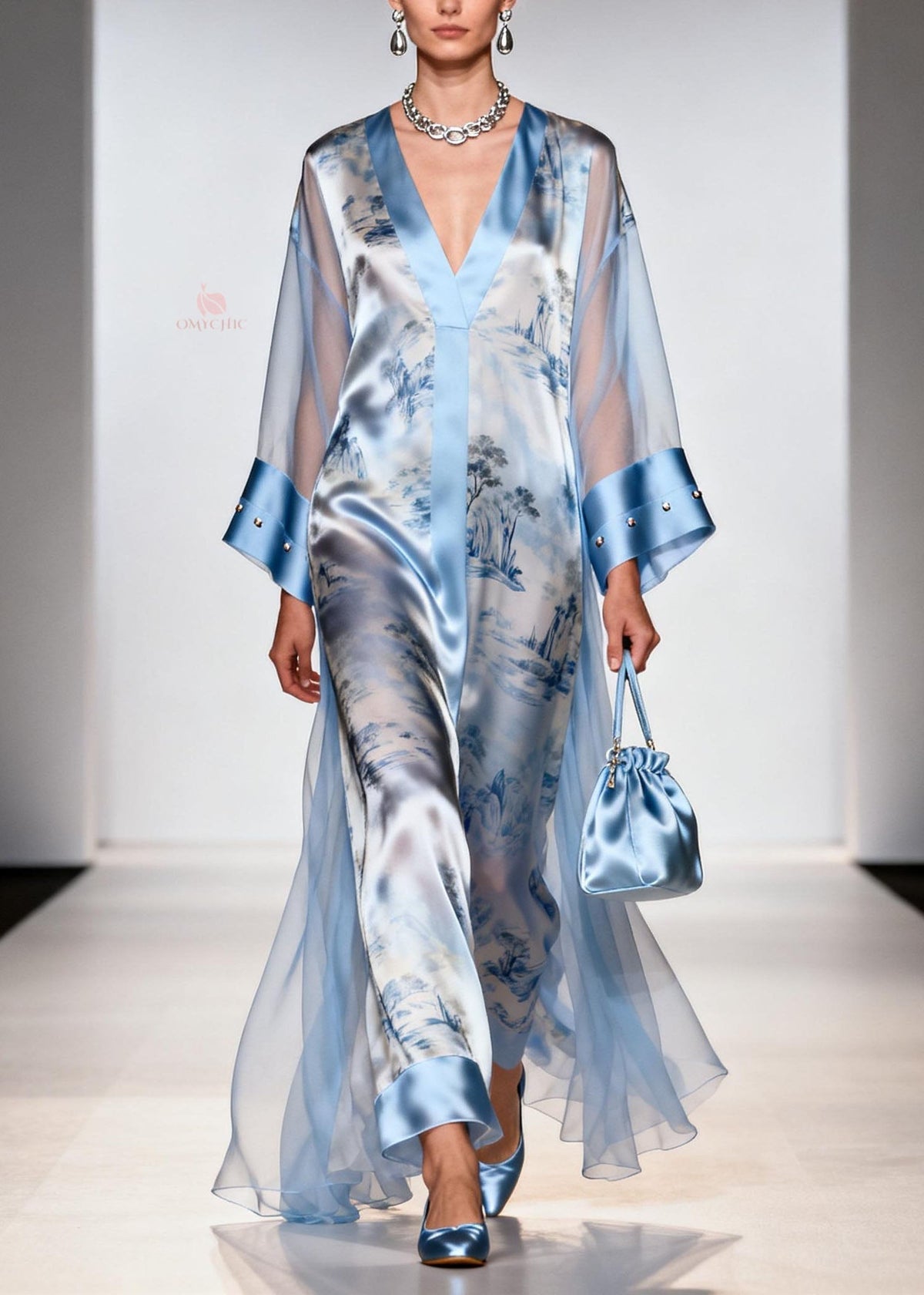 Satin Landscape Print V-Neck Maxi Sheer Studded Cuff Open Set - View 3