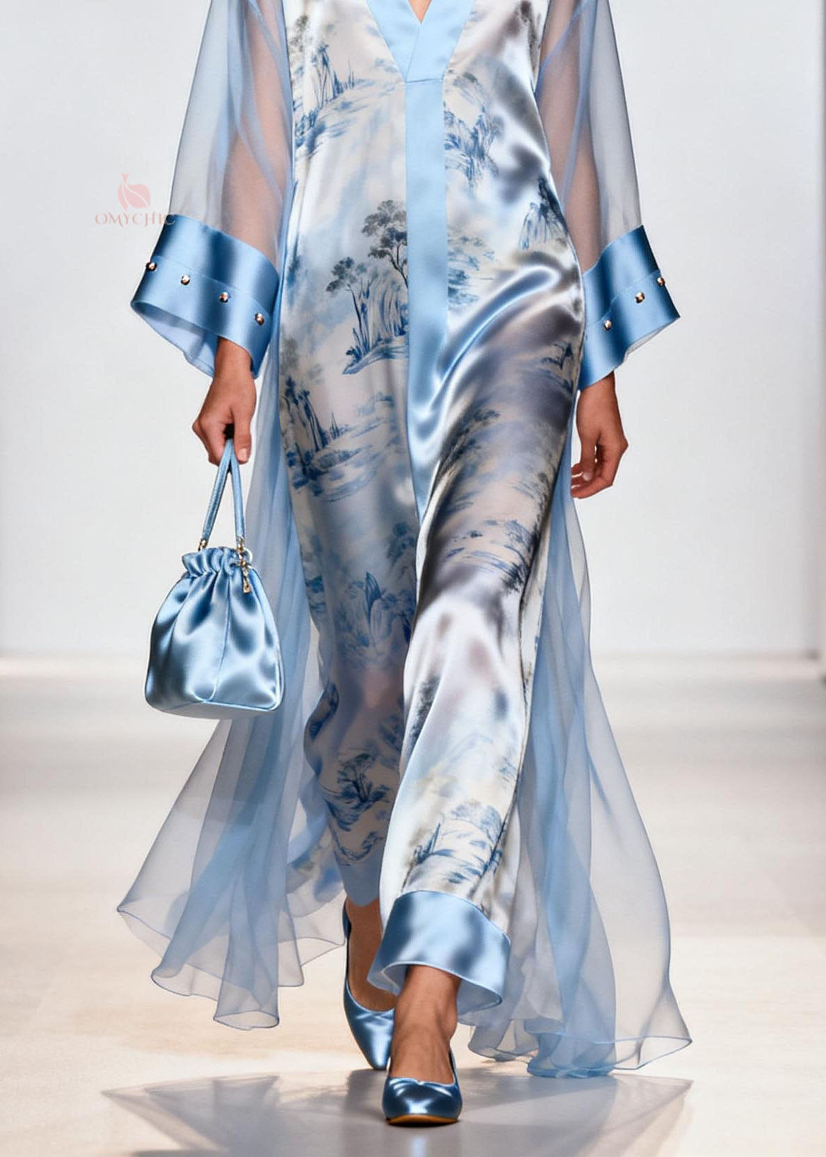 Satin Landscape Print V-Neck Maxi Sheer Studded Cuff Open Set - View 4
