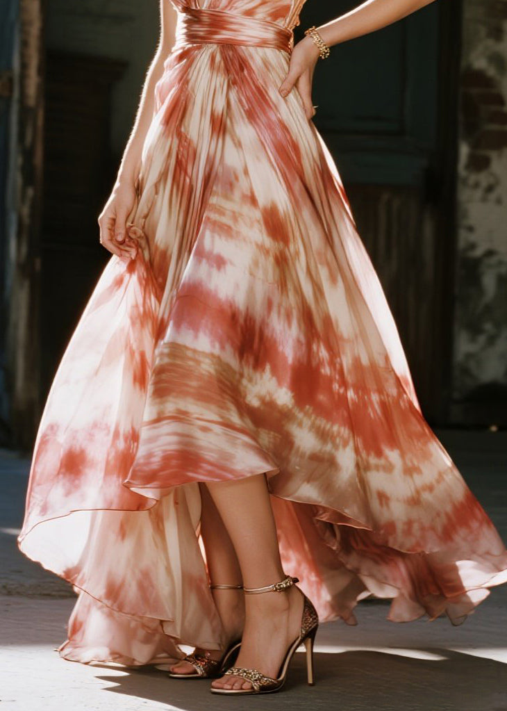 Tie Dye Spaghetti Strap Deep V-Neck Pleated Wrap Waist Maxi Gown - View 4