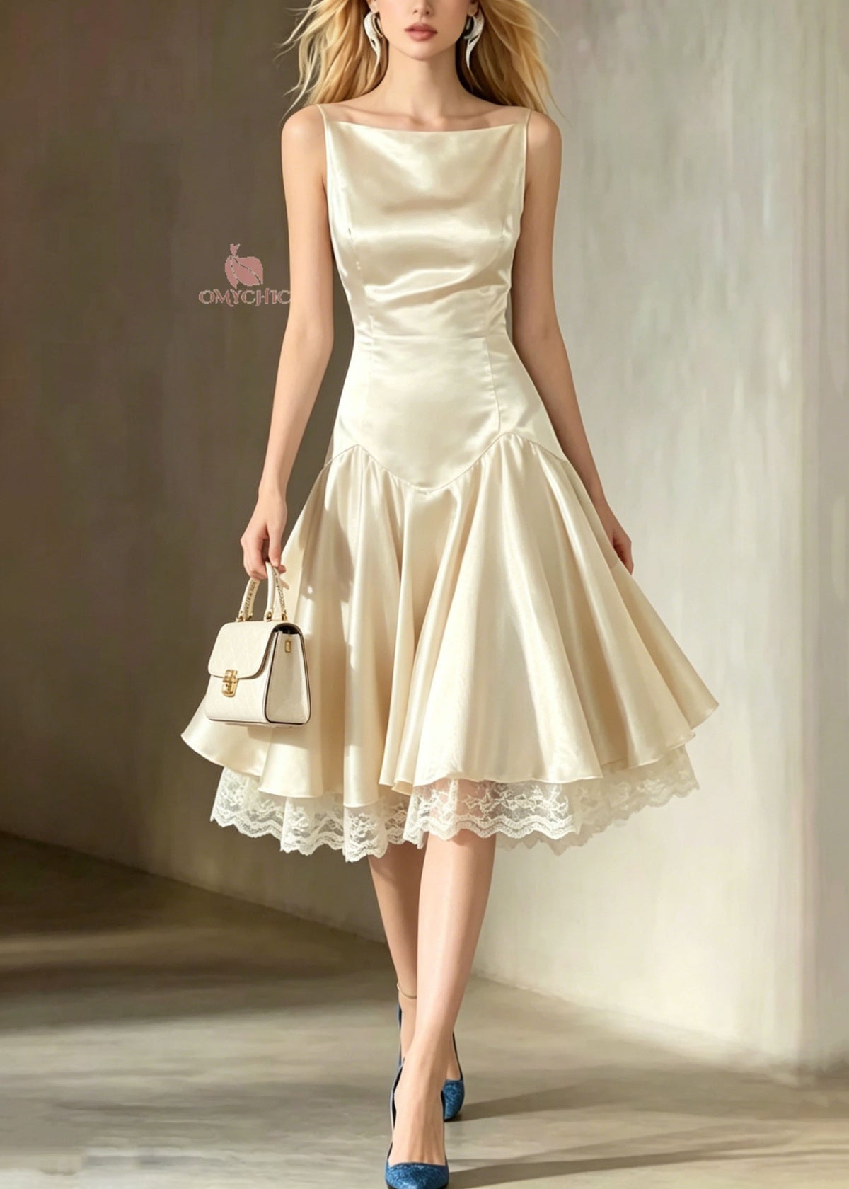 Italian Champagne Lace Patchwork Silk Spaghetti Strap Dress Summer - View 3