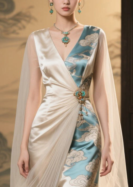Satin Deep V-Neck Sheer Cape Brooch Drape Asymmetric Maxi Gown - View 2
