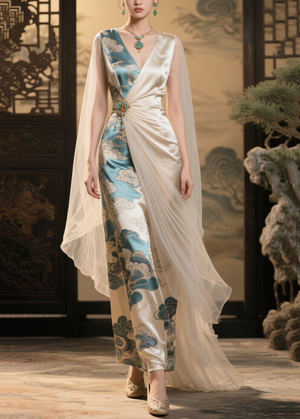 Satin Deep V-Neck Sheer Cape Brooch Drape Asymmetric Maxi Gown - View 3