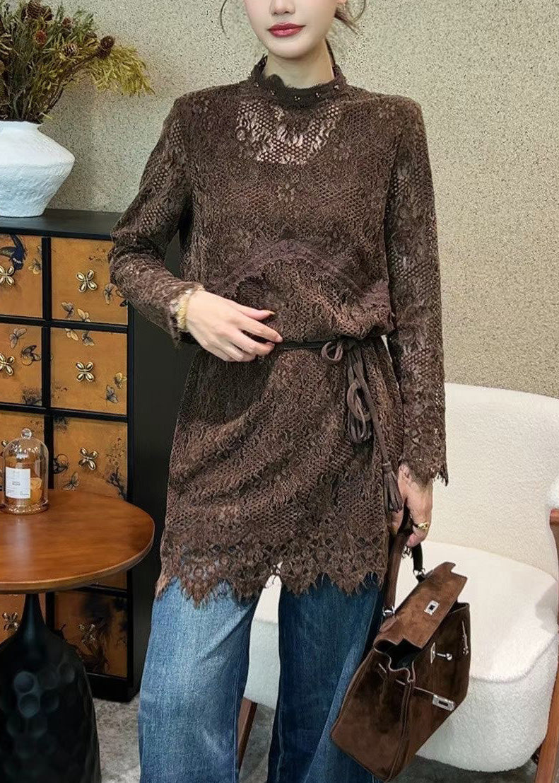 Italian Coffee Hollow Out Tie Waist Lace Mini Dress Fall - View 2