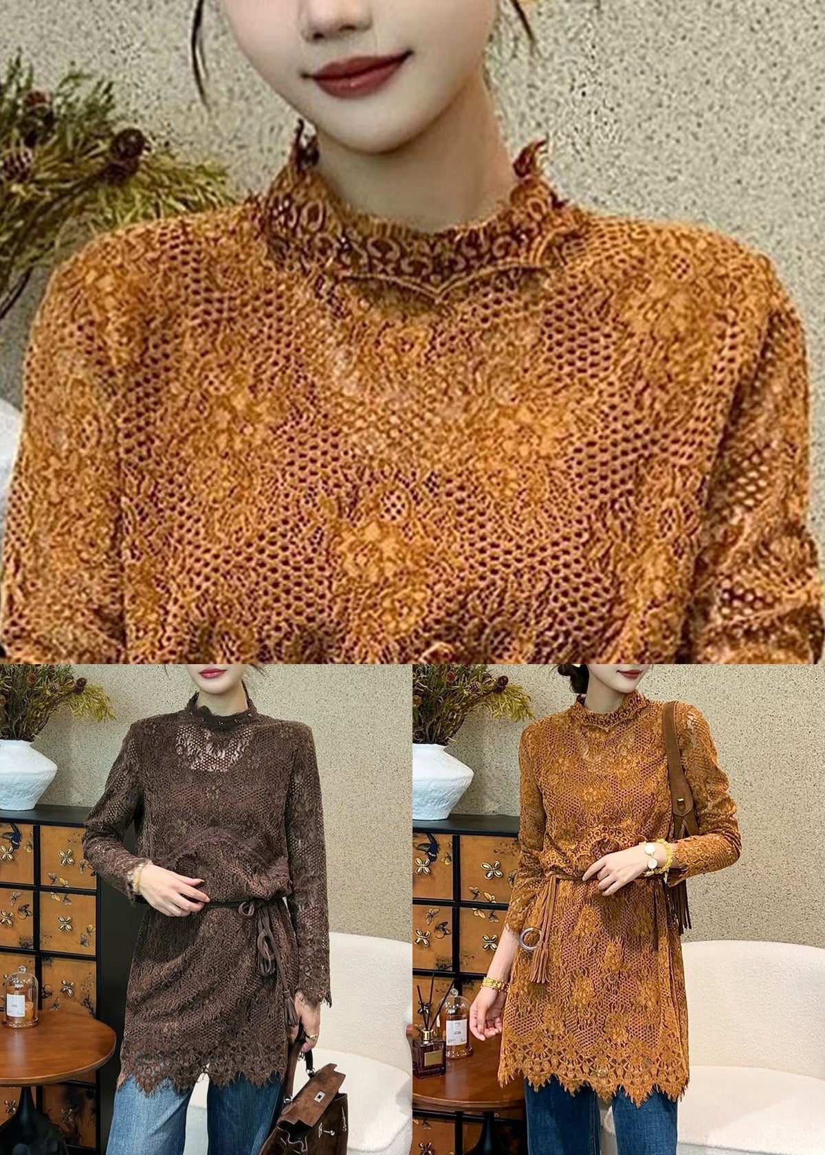Italian Coffee Hollow Out Tie Waist Lace Mini Dress Fall - View 5