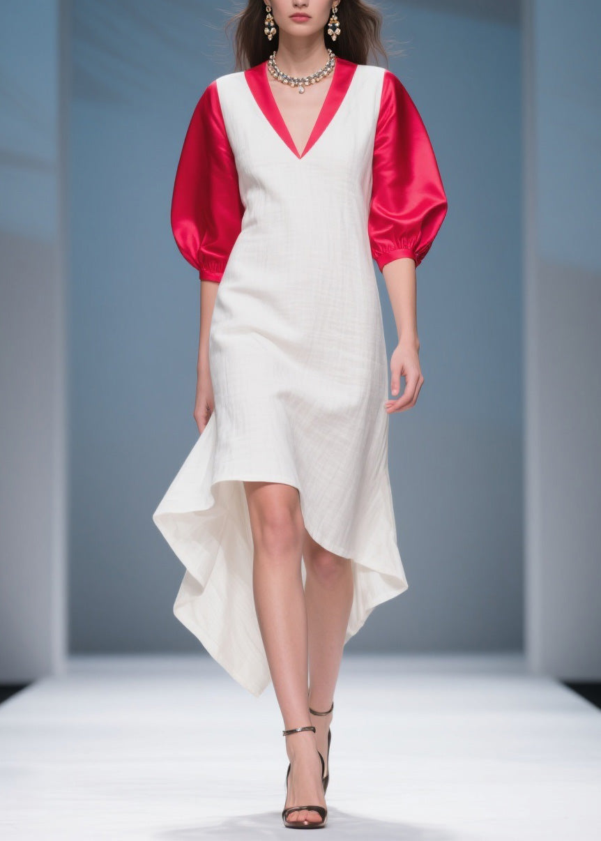 Deep V-Neck Puff Sleeve Contrast Trim High Low Midi Dress - View 3