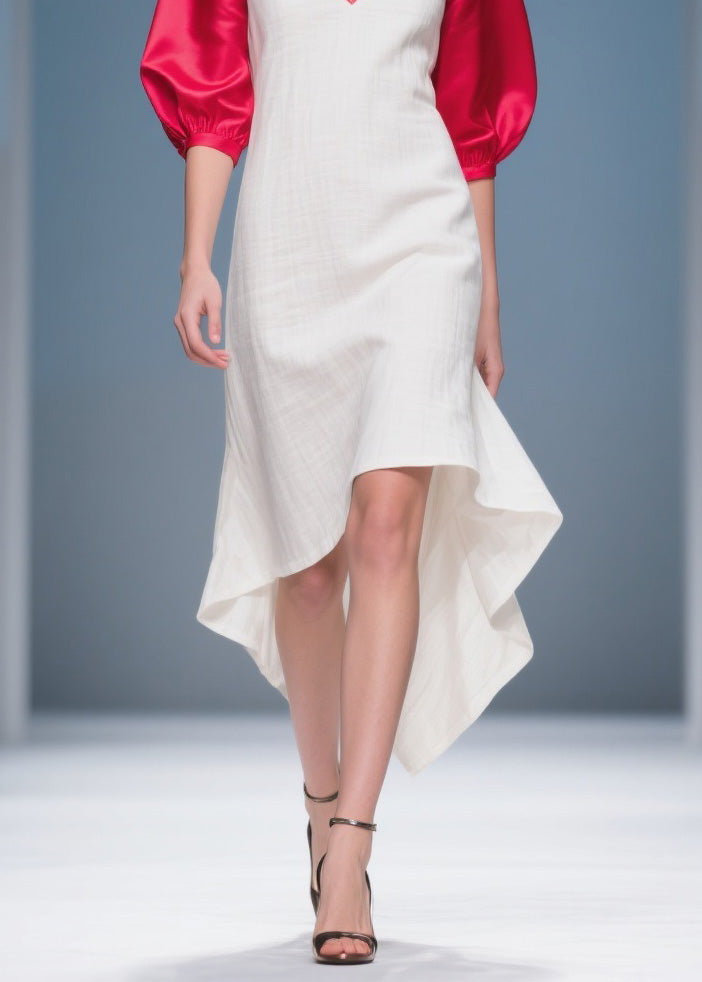 Deep V-Neck Puff Sleeve Contrast Trim High Low Midi Dress - View 4