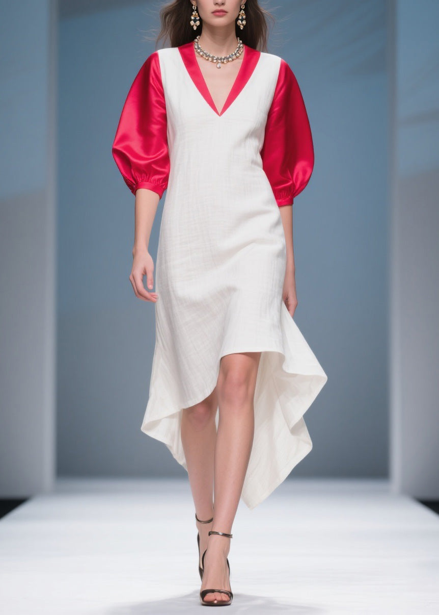 Deep V-Neck Puff Sleeve Contrast Trim High Low Midi Dress - View 5