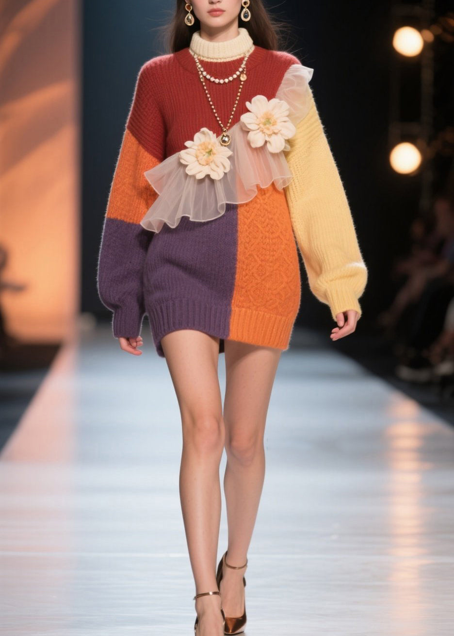 Colorblock Knit Turtleneck Tulle Ruffle Floral Mini Sweater Dress
