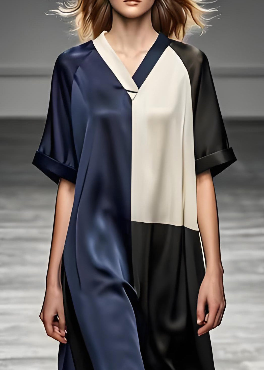Satin V-Neck Contrast Collar Colorblock Loose Shift Midi Dress - View 3