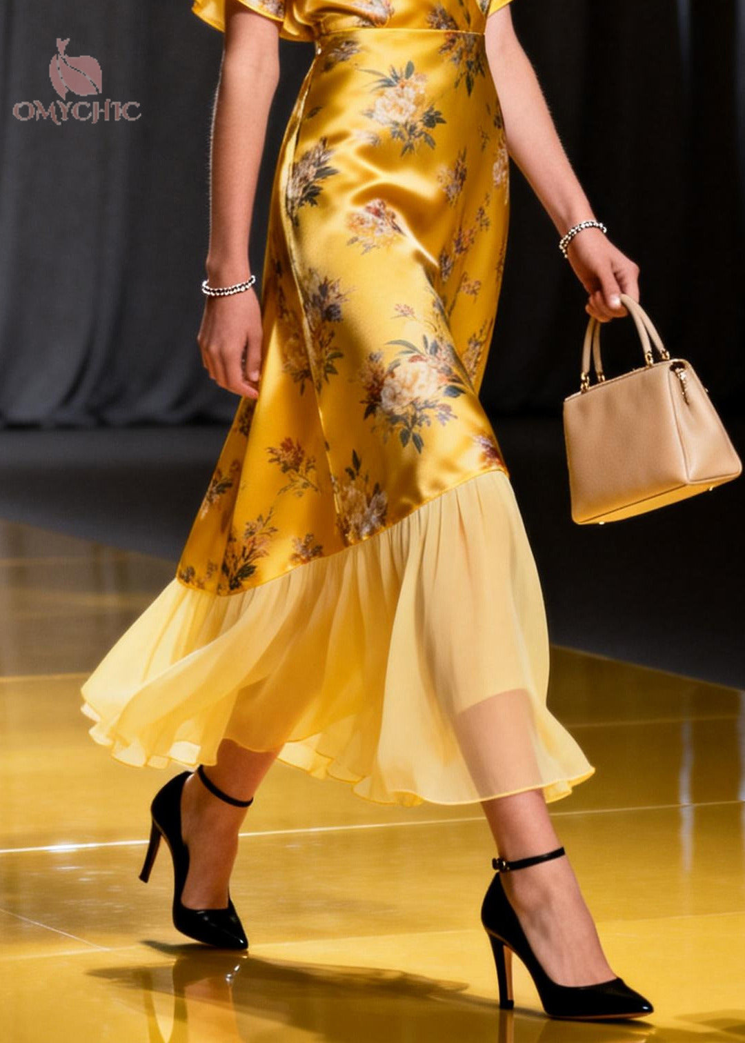 Satin Floral Wrap V-Neck Flutter Sleeve Sheer Ruffle Hem Midi Dress - View 4
