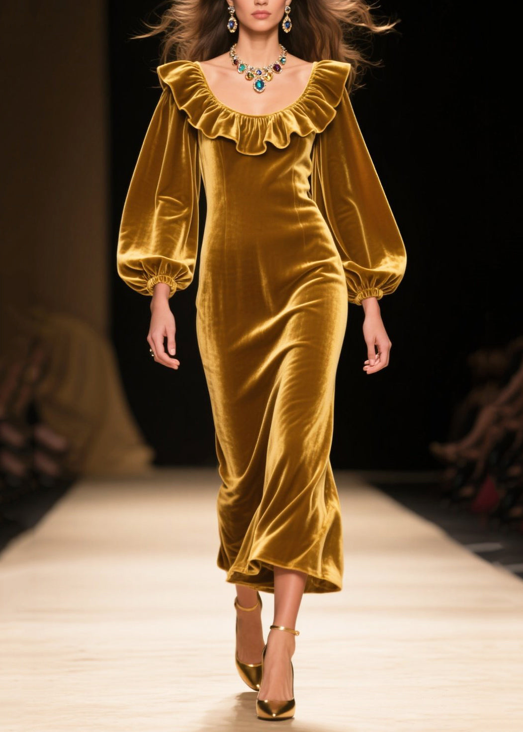 Velvet Ruffle Neck Bishop Sleeve Midi Dress