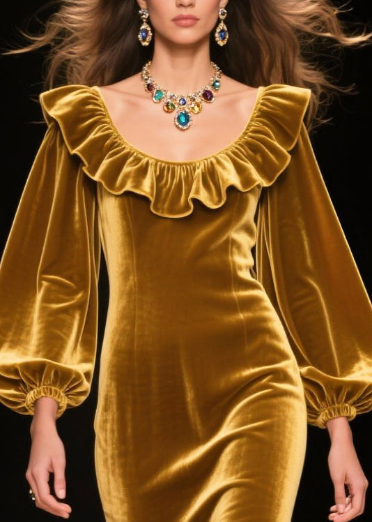 Velvet Ruffle Neck Bishop Sleeve Midi Dress - View 2
